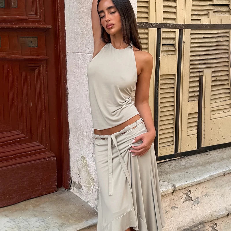 Brunella Tie-Waist Asymmetric Ruffle-Hem Midi Skirt One-piece