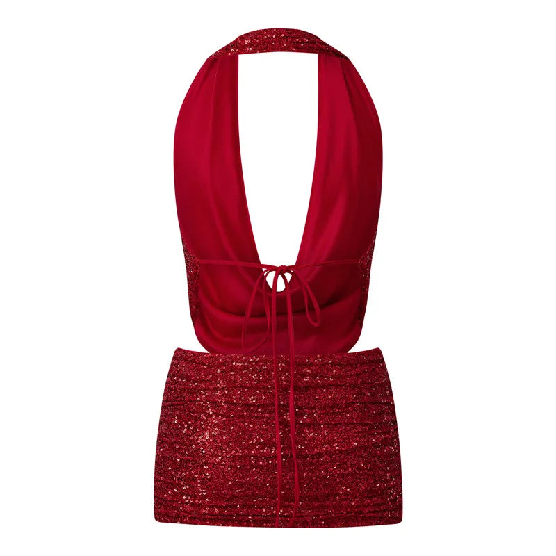 Wynonna Sequin Halter Cowl Crop Top & Mini Skirt Set