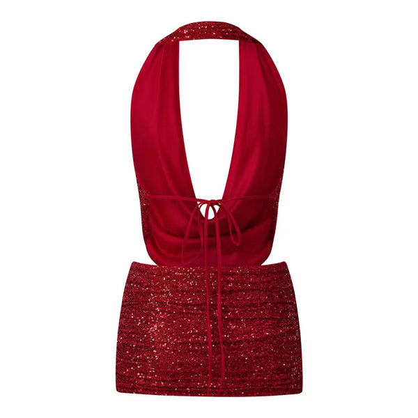 Wynonna Sequin Halter Cowl Crop Top & Mini Skirt Set
