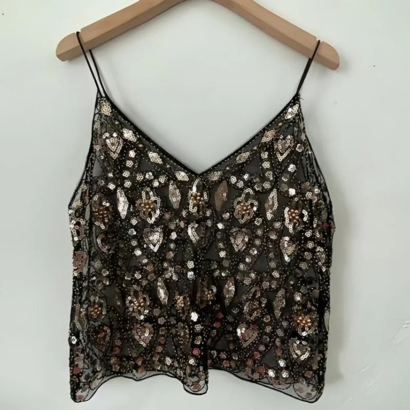 Celestia Noir Sequin Mesh Cami Top One-piece