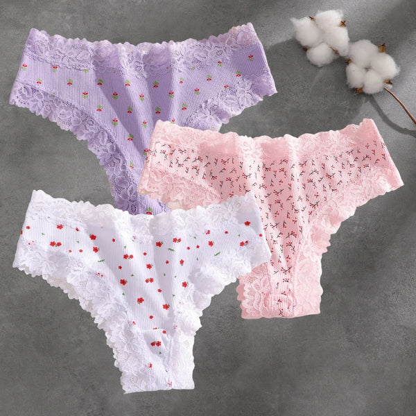 Brielle Floral Lace Bikini Panty Pack Lingerie 3-piece