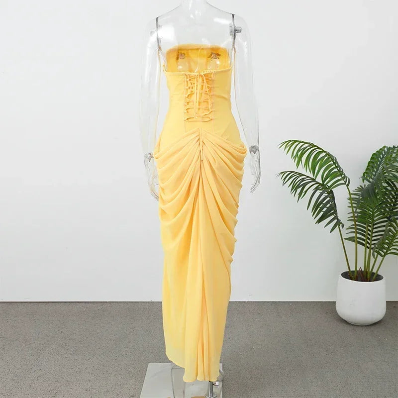 Elise Strapless Pleated Slit Maxi Dress