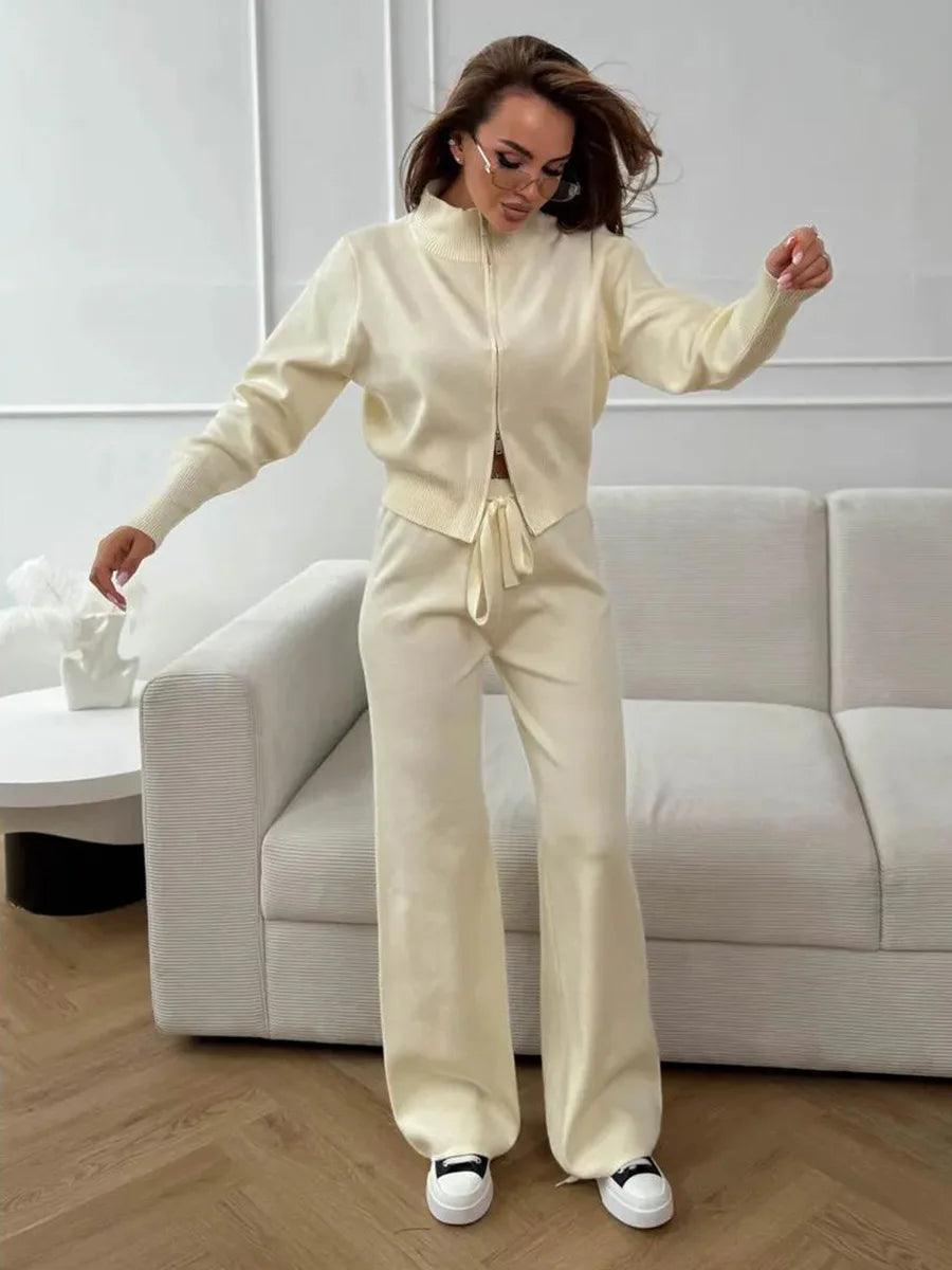 Sigourney Knit Zip-Up Cropped Cardigan & Wide-Leg Pants Two-Piece Set
