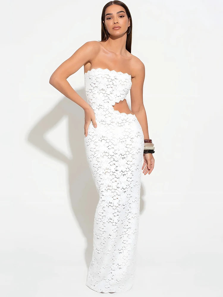 Bianca White Lace Strapless Backless Maxi Dress