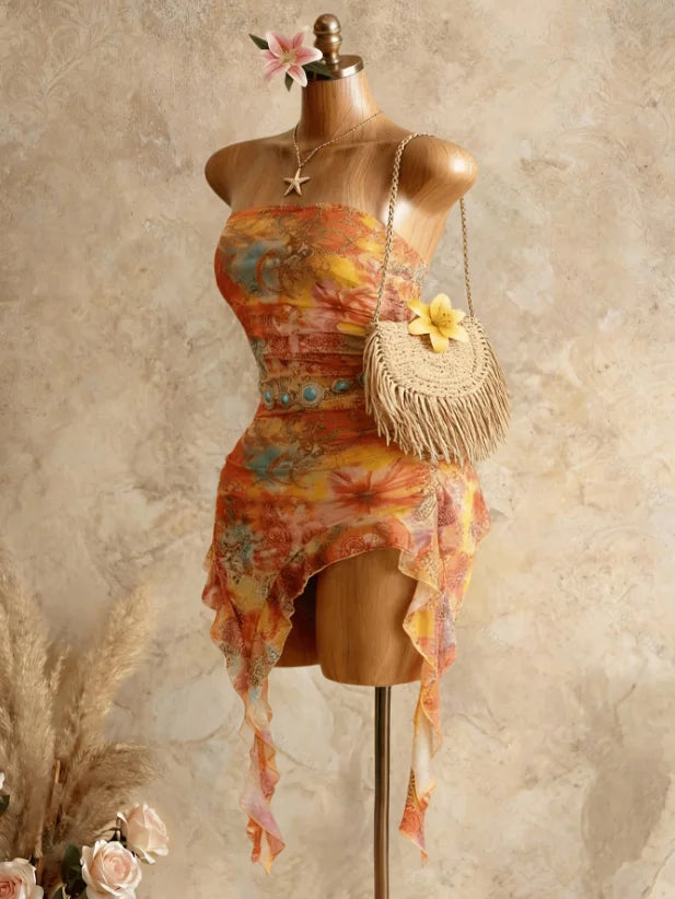 Gisela Multicolor Knit Strapless Asymmetric Tassel-Hem Mini Dress
