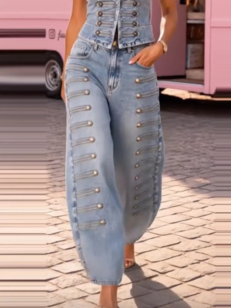 Bronwen Studded Denim Stand-Collar Vest & Wide-Leg Pants Two-piece