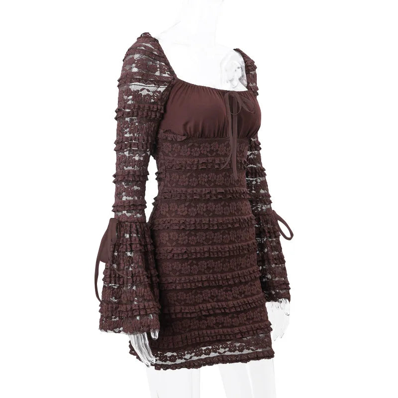 Cocoa Floral-Lace Flare-Sleeve Mini Dress