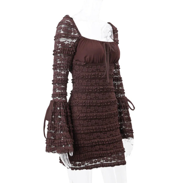 Cocoa Floral-Lace Flare-Sleeve Mini Dress