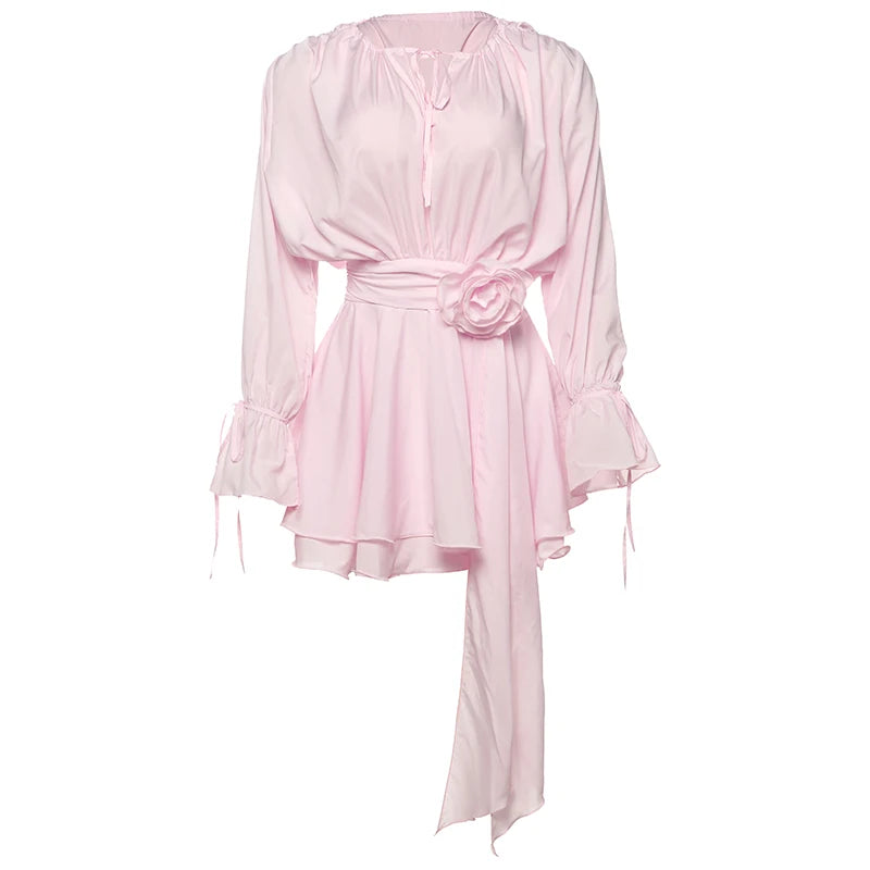 Gwendolen 3D Rose Ruched Flare-Sleeve Bodycon Mini Dress