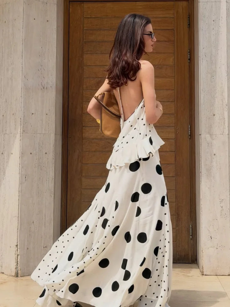 Cambria Polka-Dot Flowy Halter Maxi Dress