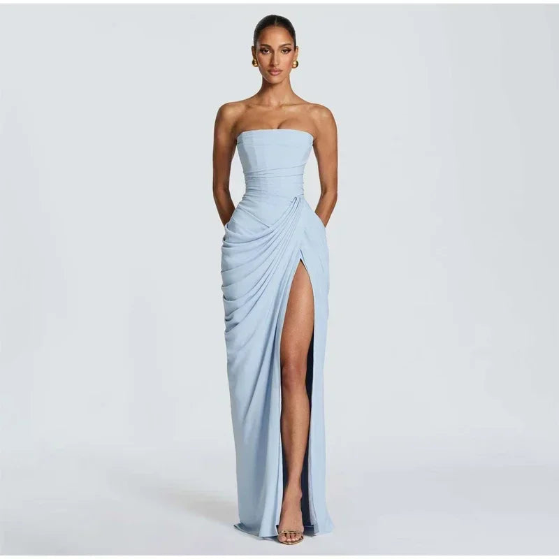 Elise Strapless Pleated Slit Maxi Dress