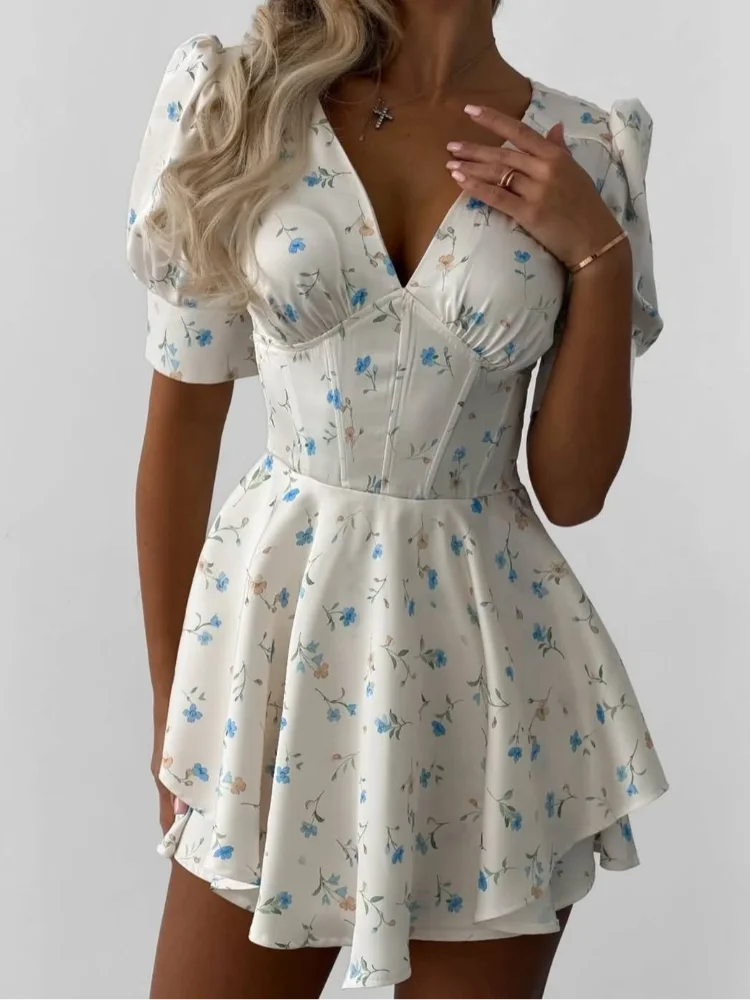 Fleur Printed Satin Puff-Sleeve Mini Dress