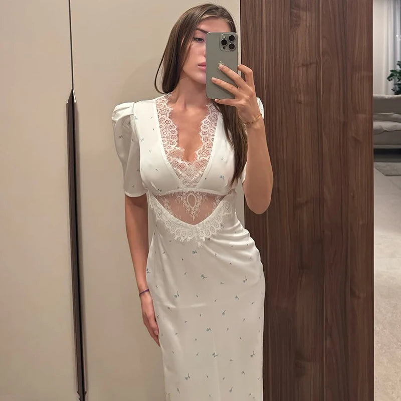Thomasina Lace-Trim Cutout Puff-Sleeve Print Midi Dress