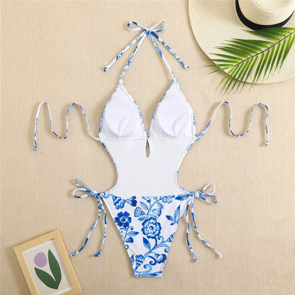 Ingrith Vintage Floral String Halter Cutout Backless One-Piece Swimsuit