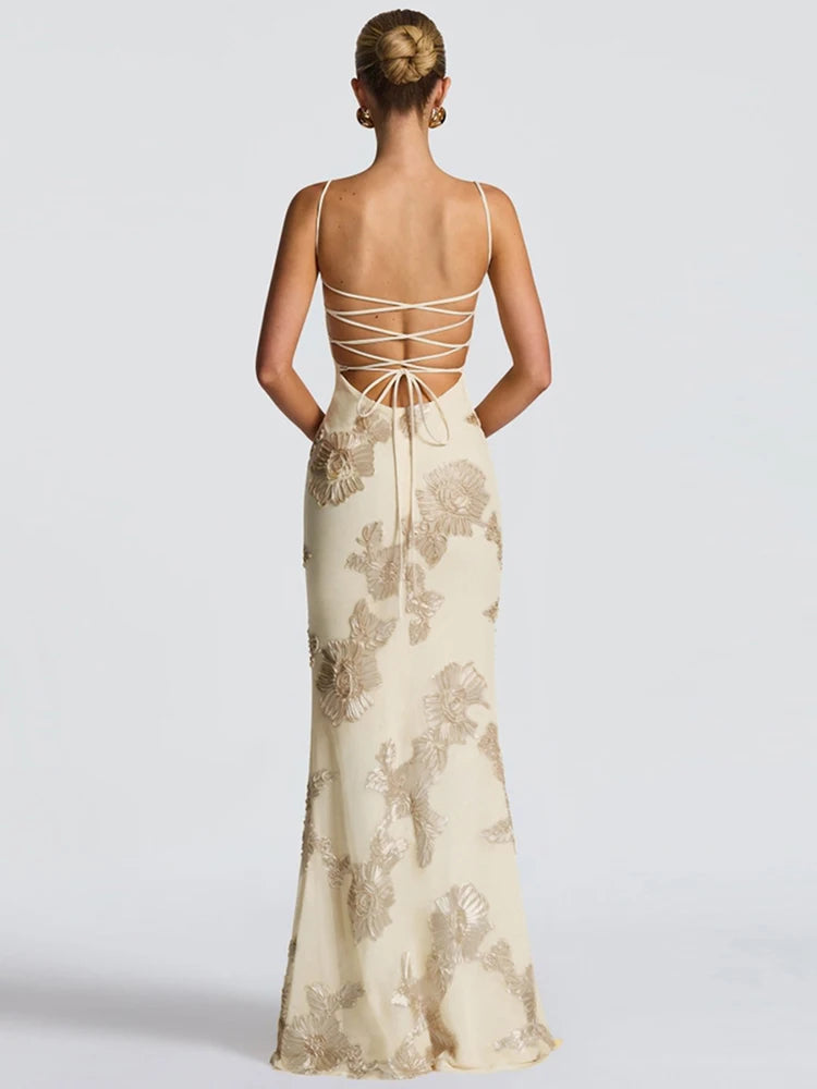 Isabella Spaghetti Strap Floral Embroidered Bodycon Maxi Dress