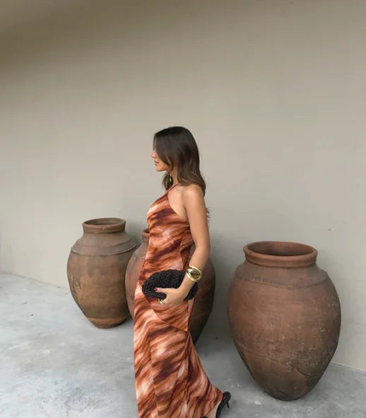 Catalina Printed Backless Halter Maxi Dress