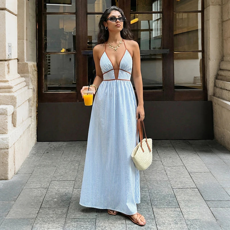 Valencia Striped Deep-V Backless Beach Maxi Dress