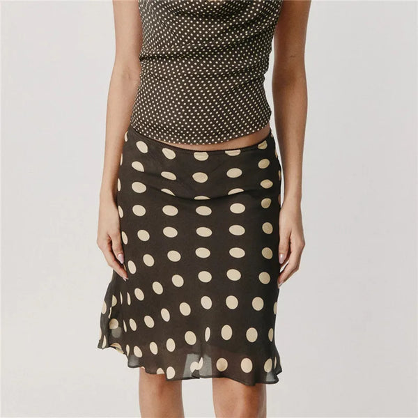Vintage Y2K Polka Dot Midi Skirt Women High Waist Ruffle Hem Silky Satin Flared Skirt Casual Summer Streetwear Party Skirt