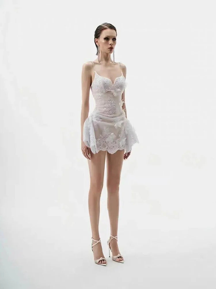 Valencia Butterfly Lace Chain-Strap Mini Dress