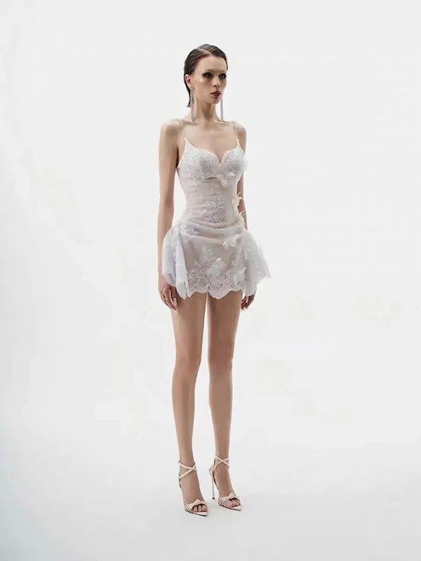 Valencia Butterfly Lace Chain-Strap Mini Dress