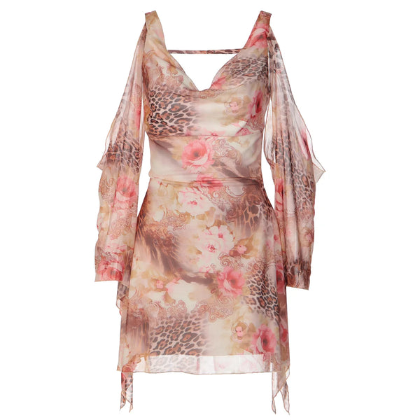 Liora Leopard Floral-Mesh Long-Sleeve Mini Dress