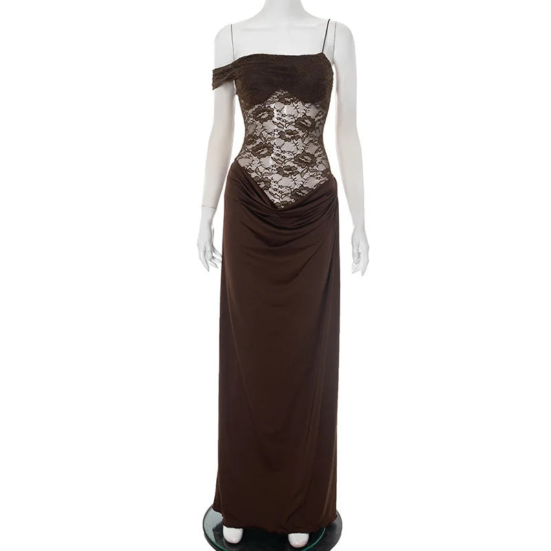 Valentina Cocoa Lace Draped Maxi Dress
