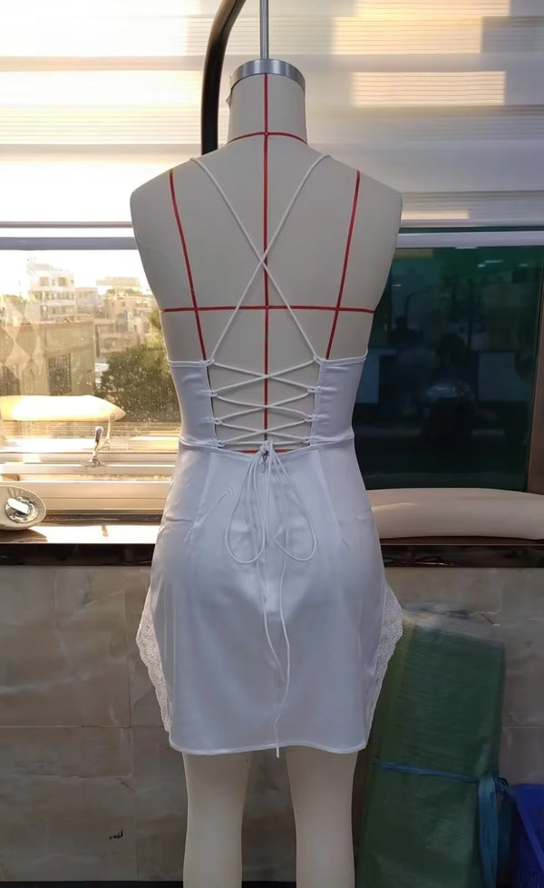 hirigin Y2K Lace Stitching Satin Bodycon Dress Set Women Sexy Sleeveless Mini Dresses Fairycore Coquette Party Holiday Robe 2023