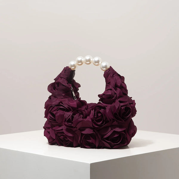 Rosalind Satin Rosette Pearl-Handle Half-Moon Evening Bag