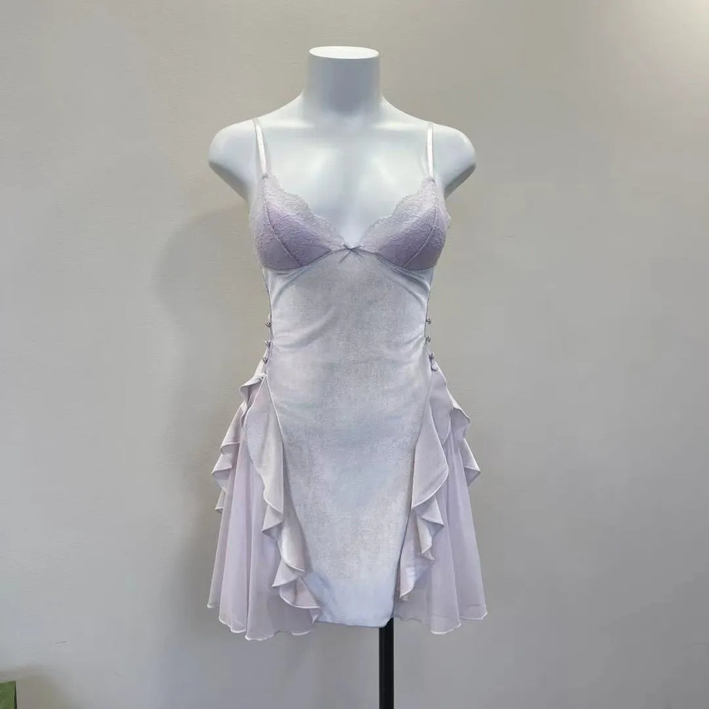 Noelle Lace-Trim Velvet Ruffle Backless Mini Nightgown