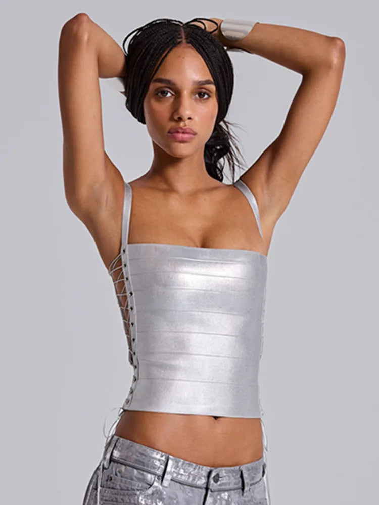 Women Summer Sexy Lacing Bronzing Gold Silver Bodycon Bandage Tops Celebrity Designer Fashion High Street Top