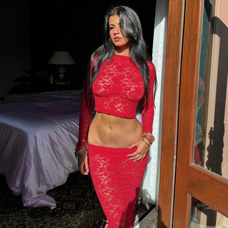Valentina Red Lace Long-Sleeve Maxi Skirt Set Two-piece