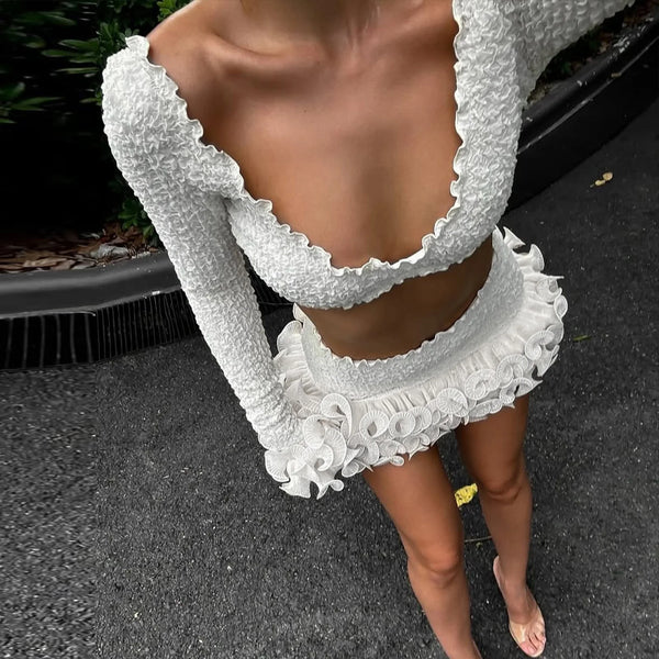 Elowyn White Lace Off-Shoulder Mini Skirt Set Two-piece