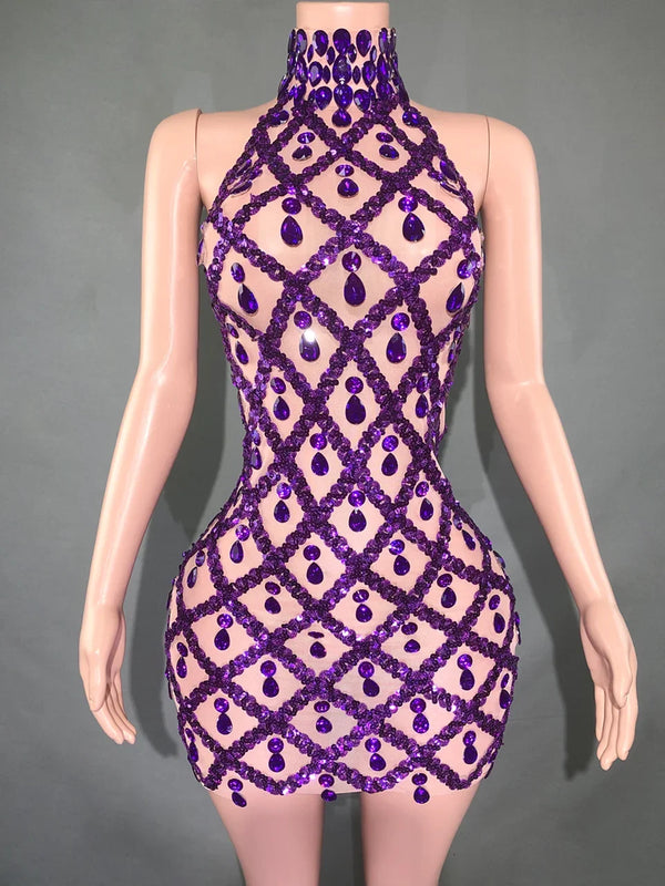 Adara Crystal Sequin Sheer Performance Mini Dress