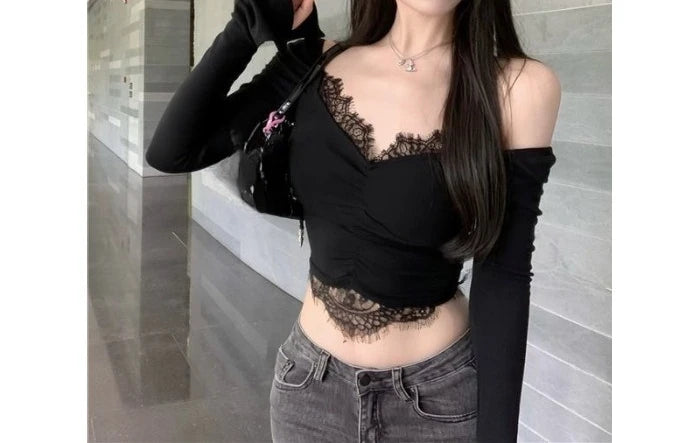 Valerie Noir Lace Off-Shoulder Long Sleeve Top