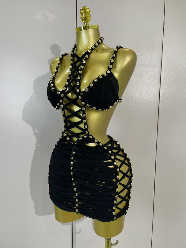 Nerina Sheer Mesh Cutout Halter Mini Dress