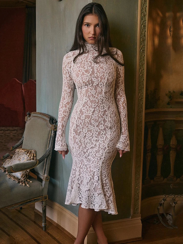 Bianca Lace High-Neck Long-Sleeve Midi Dress