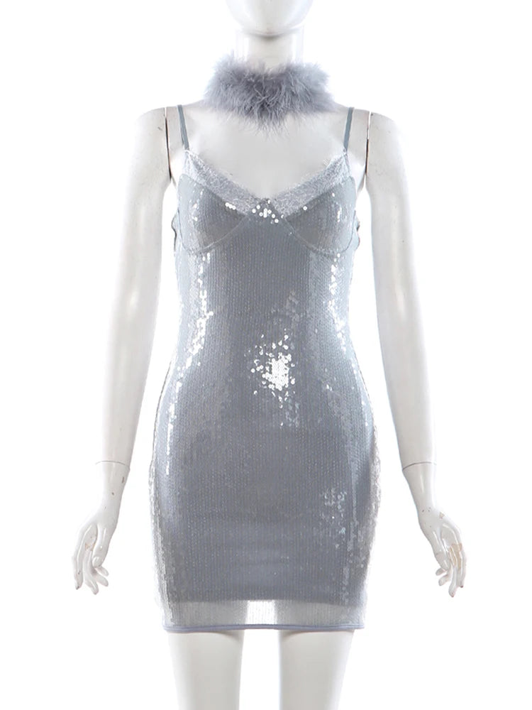 Sienna Sequin Lace Mini Dress with Neck Scarf
