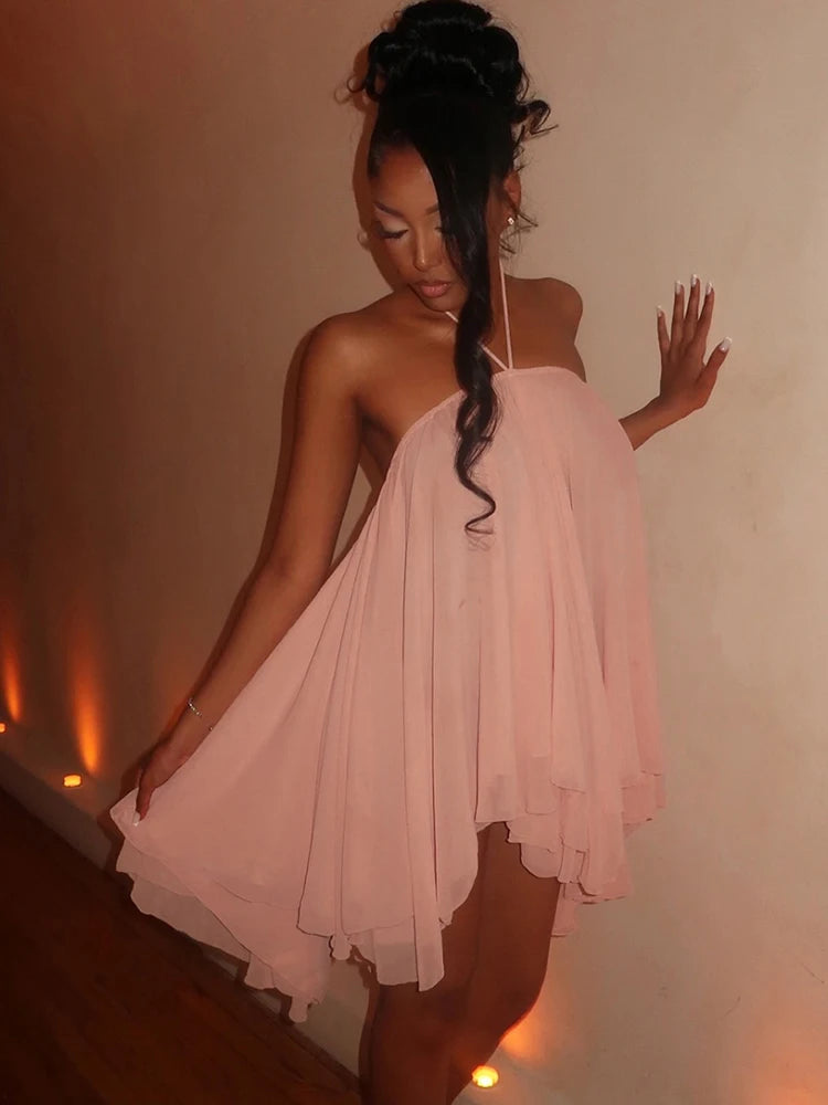 Zinnia Lace-Up Off-Shoulder Asymmetrical Mini Dress