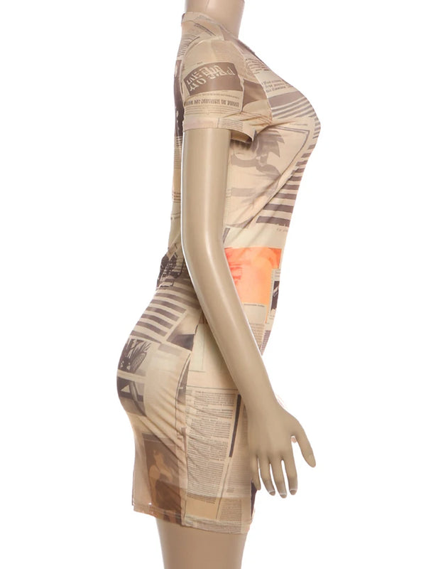 Kliou Newspaper Print Mini Dress Woman Summer Trend o-Neck Short Sleeve Skinny Peach Hip Hot Girls Street Fashion Style Bodycon