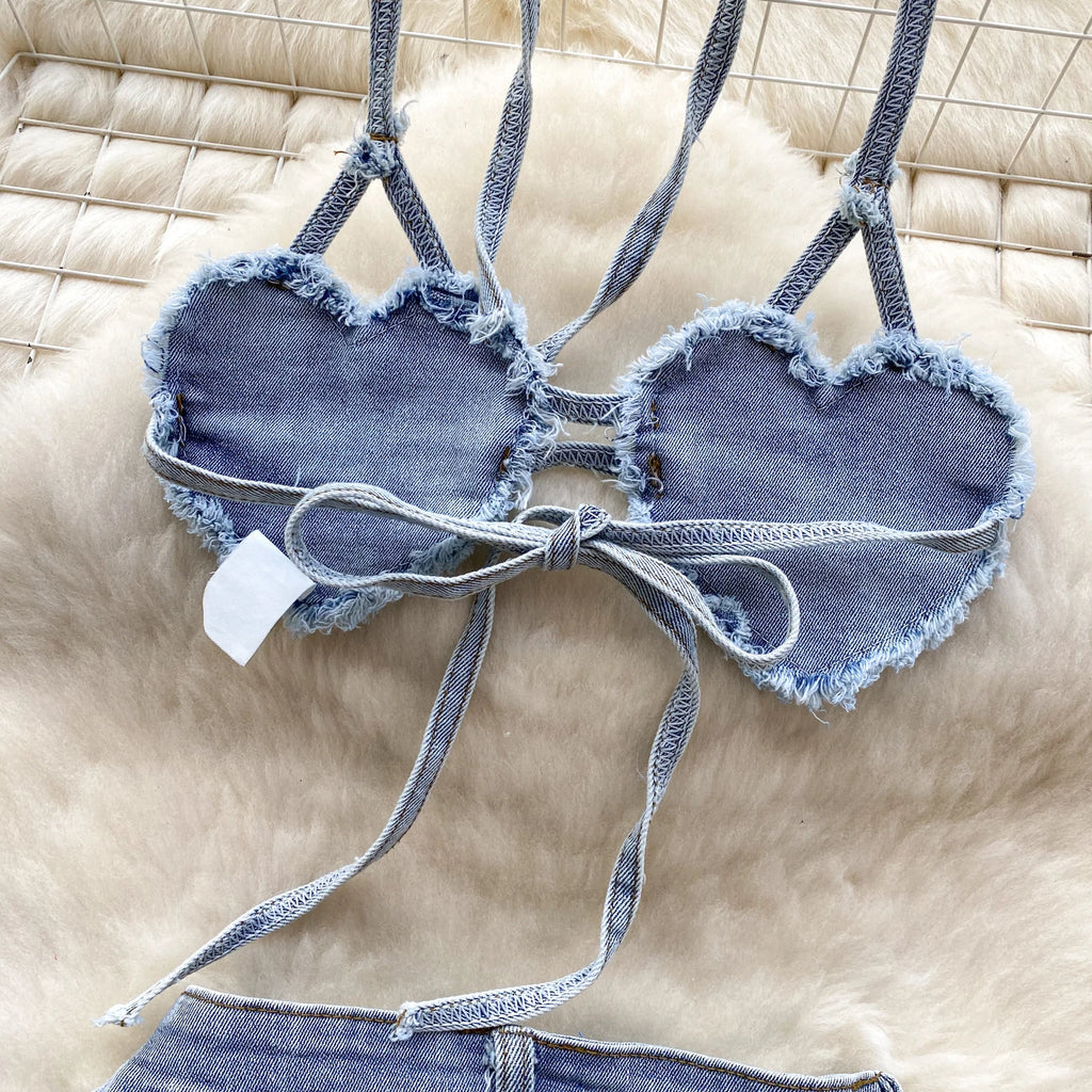 Sable Halter Denim Top & Shorts Two-piece