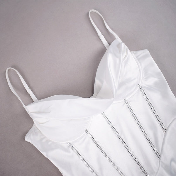 Zoctuo Rhinestone Satin Dresses Boned Low Cut Silky Spaghetti Strap Side Split 2 Deck Ruched Pads Backless Midi Summer Vestidos