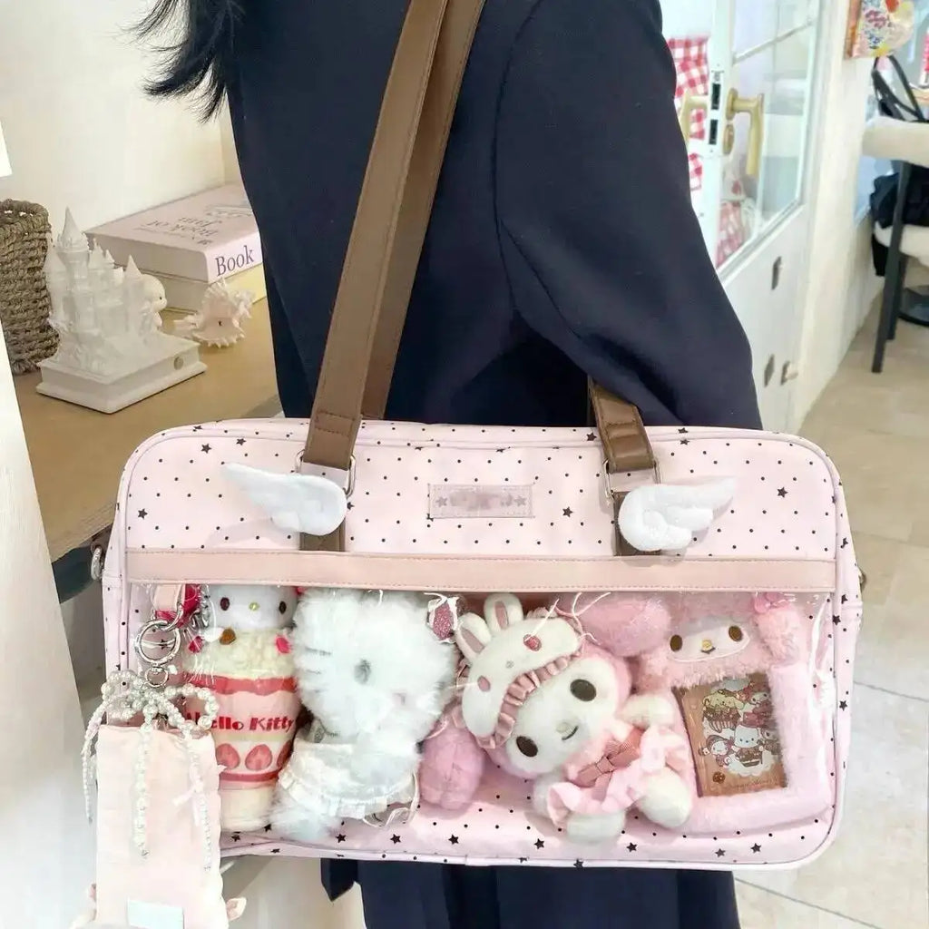 New Cute Large Capacity Lace Ita Bag Lolita Girls Transparent Pocket Y2k DIY Badge Display Shoulder Bag Casual Polka Dot Handbag