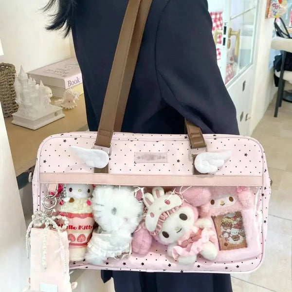 New Cute Large Capacity Lace Ita Bag Lolita Girls Transparent Pocket Y2k DIY Badge Display Shoulder Bag Casual Polka Dot Handbag