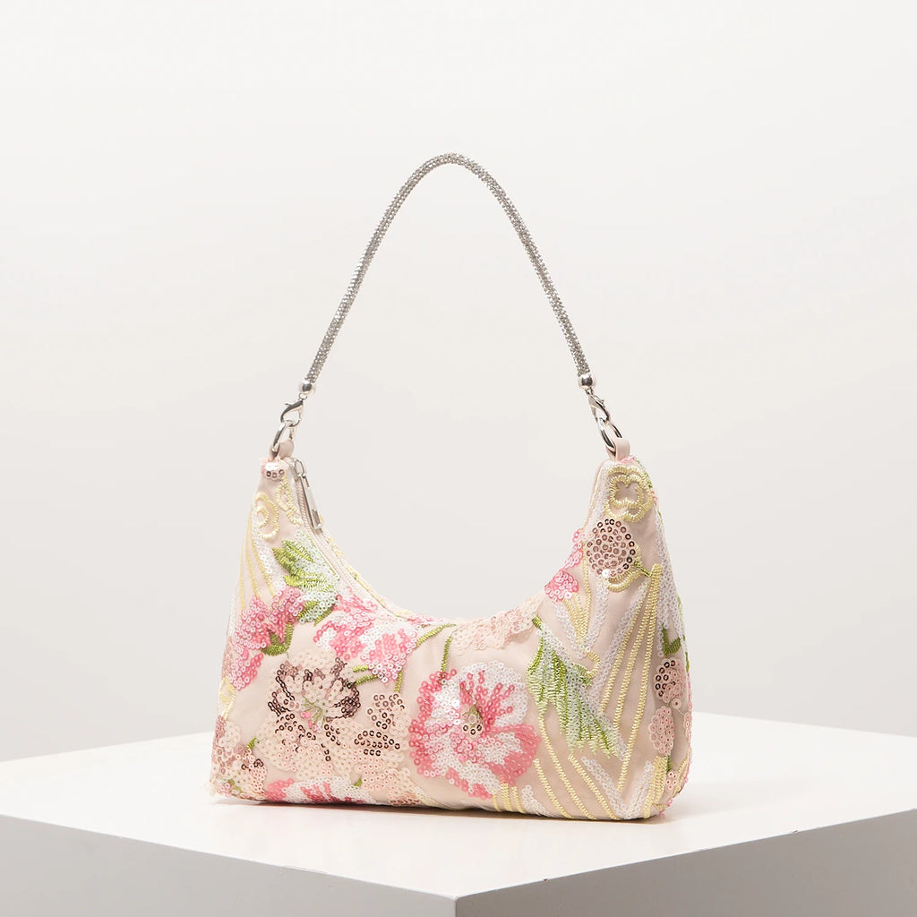 Florentina Floral Sequin Embroidered Half-Moon Shoulder Bag