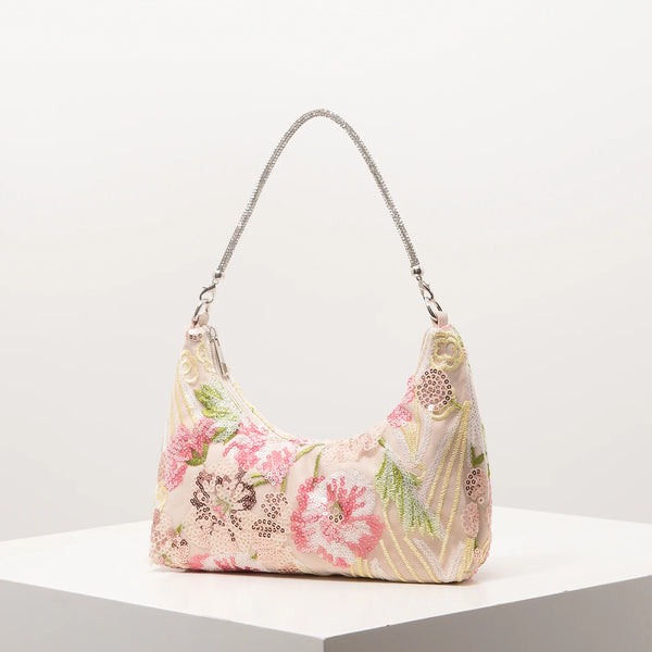 Florentina Floral Sequin Embroidered Half-Moon Shoulder Bag