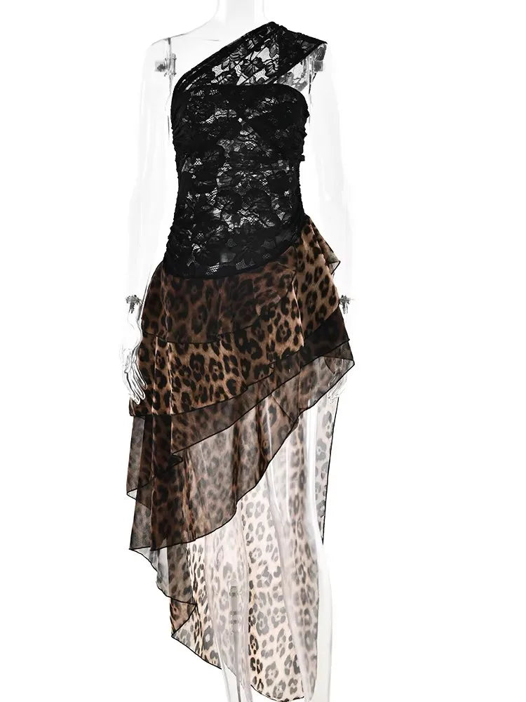 Amaranta Sheer Lace & Leopard One-Shoulder Ruffle Dress