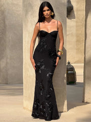 Isabella Spaghetti Strap Floral Embroidered Bodycon Maxi Dress