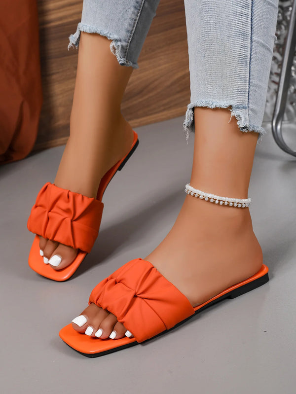 Paulette Ruched Square-Toe Flat Slide Sandals