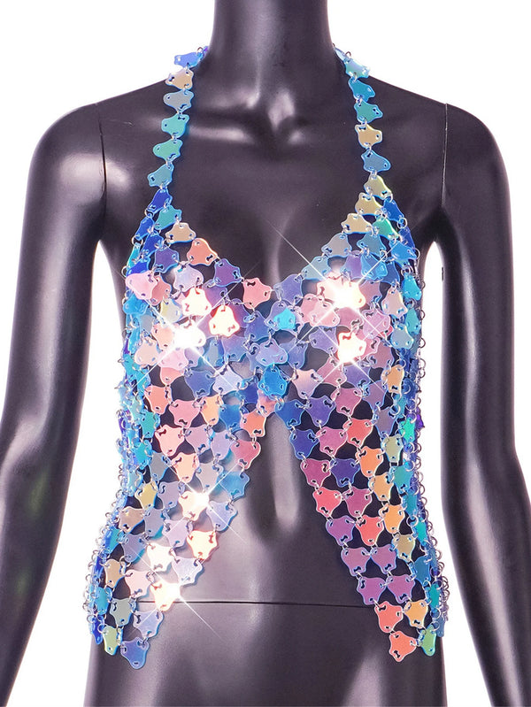 Soraya Blue Metal Sequin Corset Crop Top