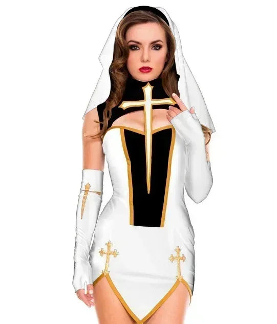 Benedetta Nun Cosplay Costume Set with Headpiece, Gloves & Stockings